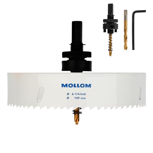 Mollom (159mm | 6-1/4") HSS M42 mit 8% Kobalt Bi-Metall-Lochsäge mit 2 Zentrierbohrern & Aufnahme, glatter Schnitt für PVC, Trockenbau, Holz, Kunststoff, Gipskarton, Gummiprojekte von Mollom