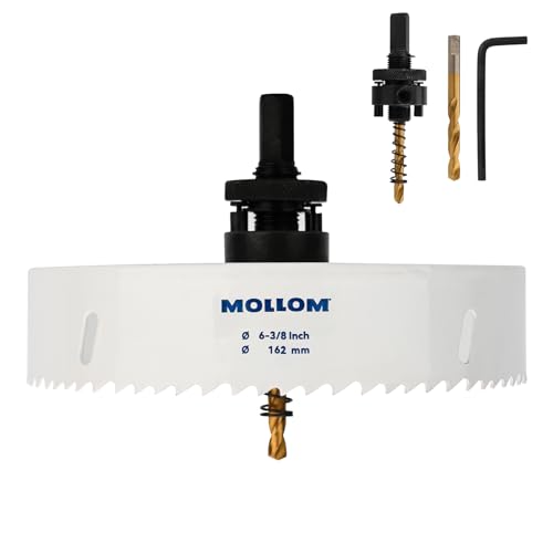 Mollom (162mm | 6-3/8") HSS M42 mit 8% Kobalt Bi-Metall-Lochsäge mit 2 Zentrierbohrern & Aufnahme, glatter Schnitt für PVC, Trockenbau, Holz, Kunststoff, Gipskarton, Gummiprojekte von Mollom