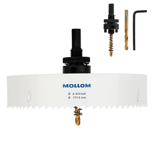 Mollom (171.5mm | 6-3/4") HSS M42 mit 8% Kobalt Bi-Metall-Lochsäge mit 2 Zentrierbohrern & Aufnahme, glatter Schnitt für PVC, Trockenbau, Holz, Kunststoff, Gipskarton, Gummiprojekte von Mollom