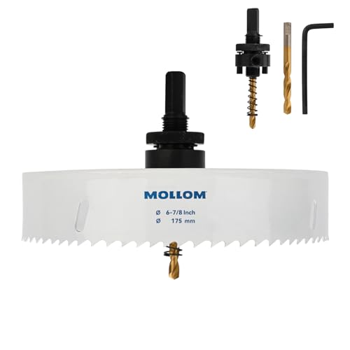 Mollom (175mm | 6-7/8") HSS M42 mit 8% Kobalt Bi-Metall-Lochsäge mit 2 Zentrierbohrern & Aufnahme, glatter Schnitt für PVC, Trockenbau, Holz, Kunststoff, Gipskarton, Gummiprojekte von Mollom