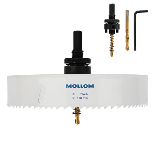 Mollom (178mm | 7") HSS M42 mit 8% Kobalt Bi-Metall-Lochsäge mit 2 Zentrierbohrern & Aufnahme, glatter Schnitt für PVC, Trockenbau, Holz, Kunststoff, Gipskarton, Gummiprojekte von Mollom