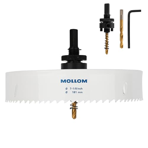 Mollom (181mm | 7-1/8") HSS M42 mit 8% Kobalt Bi-Metall-Lochsäge mit 2 Zentrierbohrern & Aufnahme, glatter Schnitt für PVC, Trockenbau, Holz, Kunststoff, Gipskarton, Gummiprojekte von Mollom