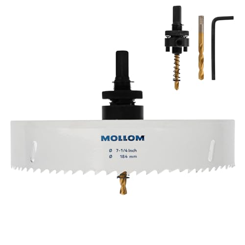 Mollom (184mm | 7-1/4") HSS M42 mit 8% Kobalt Bi-Metall-Lochsäge mit 2 Zentrierbohrern & Aufnahme, glatter Schnitt für PVC, Trockenbau, Holz, Kunststoff, Gipskarton, Gummiprojekte von Mollom