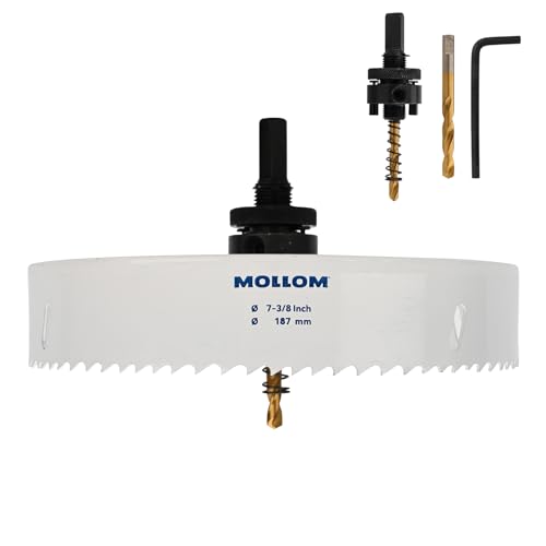 Mollom (187mm | 7-3/8") HSS M42 mit 8% Kobalt Bi-Metall-Lochsäge mit 2 Zentrierbohrern & Aufnahme, glatter Schnitt für PVC, Trockenbau, Holz, Kunststoff, Gipskarton, Gummiprojekte von Mollom