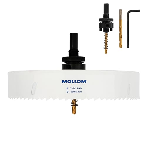 Mollom (190.5mm | 7-1/2") HSS M42 mit 8% Kobalt Bi-Metall-Lochsäge mit 2 Zentrierbohrern & Aufnahme, glatter Schnitt für PVC, Trockenbau, Holz, Kunststoff, Gipskarton, Gummiprojekte von Mollom