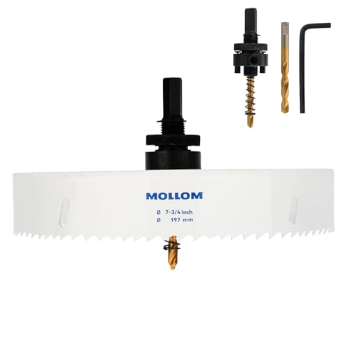 Mollom (197mm | 7-3/4") HSS M42 mit 8% Kobalt Bi-Metall-Lochsäge mit 2 Zentrierbohrern & Aufnahme, glatter Schnitt für PVC, Trockenbau, Holz, Kunststoff, Gipskarton, Gummiprojekte von Mollom