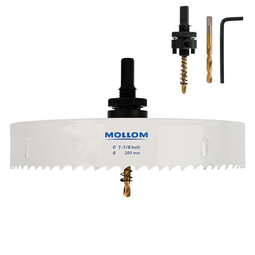 Mollom (200mm | 7-7/8") HSS M42 mit 8% Kobalt Bi-Metall-Lochsäge mit 2 Zentrierbohrern & Aufnahme, glatter Schnitt für PVC, Trockenbau, Holz, Kunststoff, Gipskarton, Gummiprojekte von Mollom