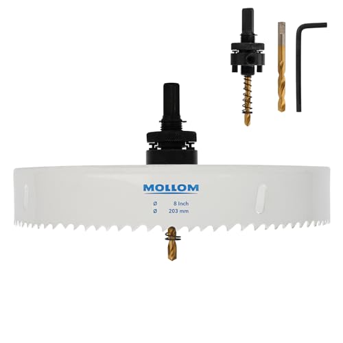 Mollom (203mm | 8") HSS M42 mit 8% Kobalt Bi-Metall-Lochsäge mit 2 Zentrierbohrern & Aufnahme, glatter Schnitt für PVC, Trockenbau, Holz, Kunststoff, Gipskarton, Gummiprojekte von Mollom