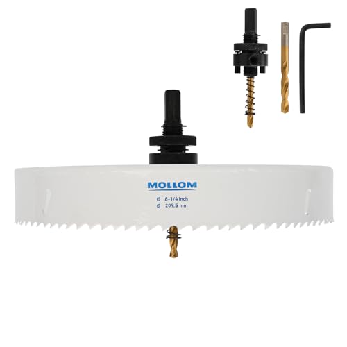 Mollom (209.5mm | 8-1/4") HSS M42 mit 8% Kobalt Bi-Metall-Lochsäge mit 2 Zentrierbohrern & Aufnahme, glatter Schnitt für PVC, Trockenbau, Holz, Kunststoff, Gipskarton, Gummiprojekte von Mollom