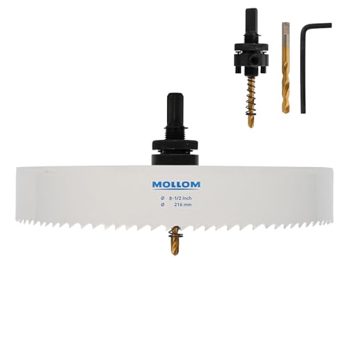 Mollom (216mm | 8-1/2") HSS M42 mit 8% Kobalt Bi-Metall-Lochsäge mit 2 Zentrierbohrern & Aufnahme, glatter Schnitt für PVC, Trockenbau, Holz, Kunststoff, Gipskarton, Gummiprojekte von Mollom