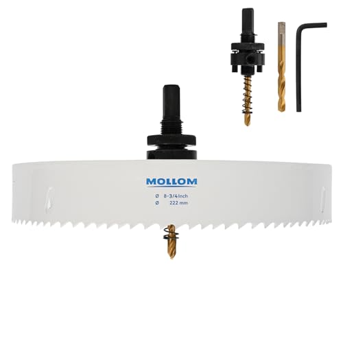 Mollom (222mm | 8-3/4") HSS M42 mit 8% Kobalt Bi-Metall-Lochsäge mit 2 Zentrierbohrern & Aufnahme, glatter Schnitt für PVC, Trockenbau, Holz, Kunststoff, Gipskarton, Gummiprojekte von Mollom