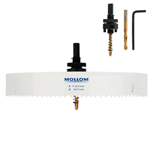 Mollom (247.5mm | 9-3/4") HSS M42 mit 8% Kobalt Bi-Metall-Lochsäge mit 2 Zentrierbohrern & Aufnahme, glatter Schnitt für PVC, Trockenbau, Holz, Kunststoff, Gipskarton, Gummiprojekte von Mollom