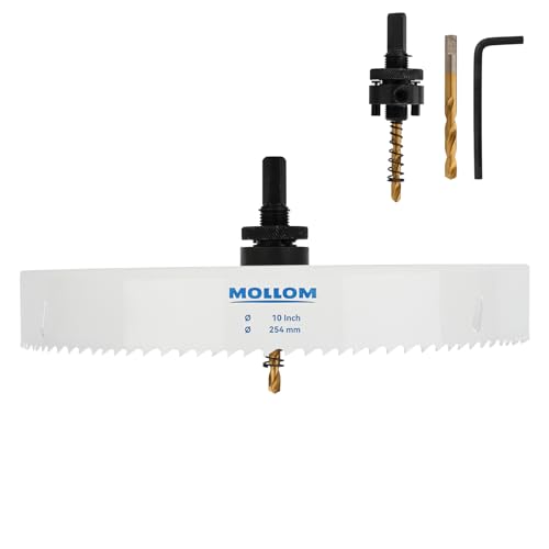 Mollom (254mm | 10") HSS M42 mit 8% Kobalt Bi-Metall-Lochsäge mit 2 Zentrierbohrern & Aufnahme, glatter Schnitt für PVC, Trockenbau, Holz, Kunststoff, Gipskarton, Gummiprojekte von Mollom