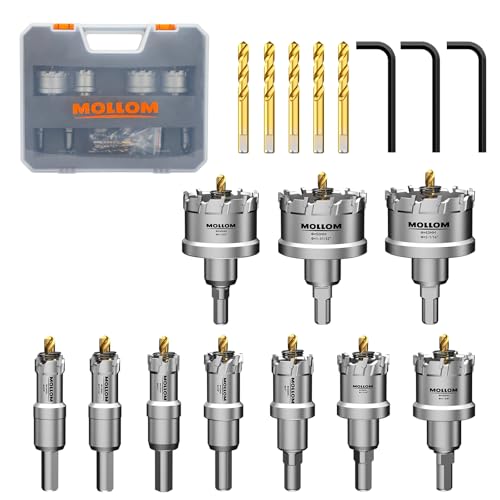 Mollom 10 Stück (16-53 mm) TCT Hartmetall-Lochsägenset für Hartmetall, 10 Stück Lochschneider mit 5 zusätzlichen Zentrierbohrern und 3 Stück Sechskantschlüsseln von Mollom