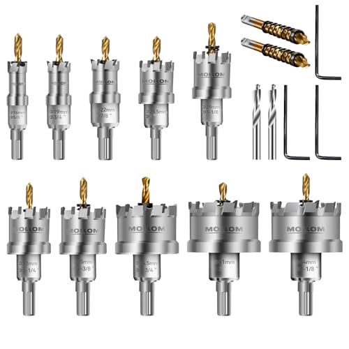 Mollom 10-teilig (16-54mm) TCT Hartmetall-Lochsägenset für Hartmetall, 10 Stück Lochschneider mit 3 zusätzlichen Zentrierbohrern und 1 Sechskantschlüssel von Mollom