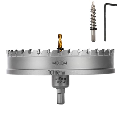 Mollom (159mm | 6-1/4'') Lochsäge T.C.T Schwerlast-Hartmetall-bestückt mit 2 Führungsbohrern für Edelstahl, Baustahl, Eisen, Kupfer, Messing, Kunststoff von Mollom