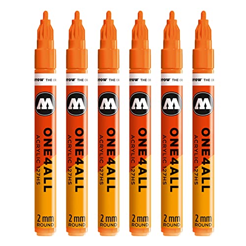 Molotow One4All 127HS Acryl Marker (2,0 mm Strichstärke, hochdeckend und permanent, UV-beständig, für fast alle Untergründe) 6 Stück Farbe 218 neonorange floureszierend von Molotow