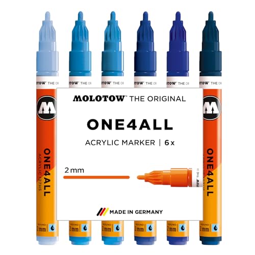 Molotow One4All 127HS Acryl Marker Blue Set (2,0 mm Strichstärke, hochdeckend und permanent, schnell trocknend, nachfüllbar, für fast alle Untergründe) 6 Stück sortiert von Molotow