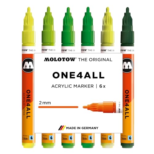 Molotow One4All 127HS Acryl Marker Green Set (2,0 mm Strichstärke, hochdeckend und permanent, schnell trocknend, nachfüllbar, für fast alle Untergründe) 6 Stück sortiert von Molotow