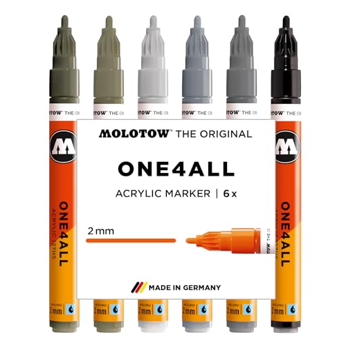 Molotow One4All 127HS Acryl Marker Grey Set (2,0 mm Strichstärke, hochdeckend und permanent, schnell trocknend, nachfüllbar, für fast alle Untergründe) 6 Stück sortiert von Molotow