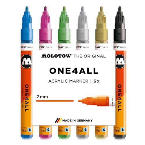 Molotow One4All 127HS Acryl Marker Metallic Set (2,0 mm Strichstärke, hochdeckend und permanent, schnell trocknend, nachfüllbar, für fast alle Untergründe) 6 Stück sortiert von Molotow