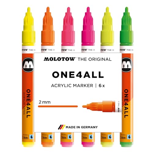 Molotow One4All 127HS Acryl Marker Neon Set (2,0 mm Strichstärke, hochdeckend und permanent, schnell trocknend, nachfüllbar, für fast alle Untergründe) 6 Stück sortiert von Molotow