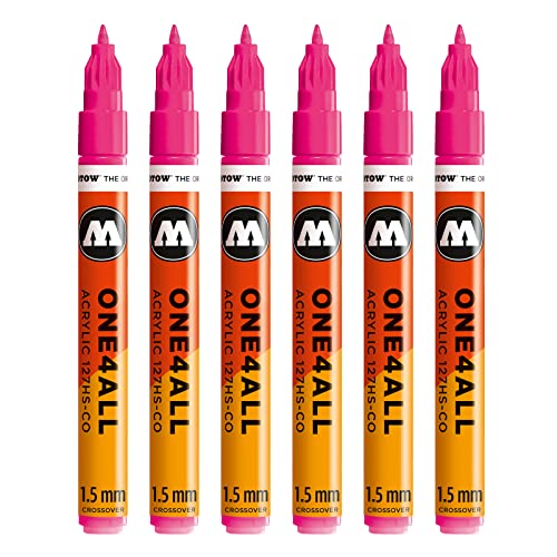 Molotow One4All 127HS-CO Acryl Marker (1,5 mm Strichstärke, hochdeckend und permanent, UV-beständig, für fast alle Untergründe) 6 Stück Farbe 217 neonpink floureszierend von Molotow