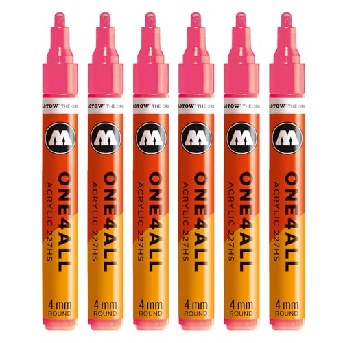 Molotow One4All 227HS Acryl Marker (4,0 mm Strichstärke, hochdeckend und permanent, schnell trocknend, nachfüllbar, für fast alle Untergründe) 6 Stück Farbe 262 ANTISTATIK neonrot fluo von Molotow