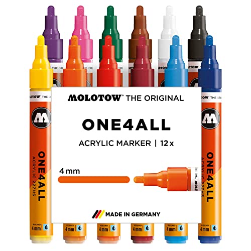 Molotow One4All 227HS Acryl Marker (Main-Kit 1, 4 mm Spitze, hochdeckend und permanent, UV-beständig, für fast alle Untergründe) 12 Stück sortiert von Molotow