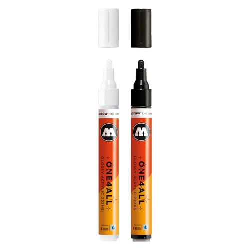 Molotow One4All 227HS Acryl Marker Glossy 2er Set (4,0 mm Strichstärke, hochglanz, hochdeckend und permanent, schnell trocknend, nachfüllbar) 251 glossy white und 252 glossy black von Molotow