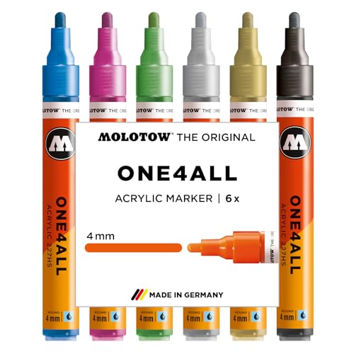 Molotow One4All 227HS Acryl Marker Metallic Set (4,0 mm Strichstärke, hochdeckend und permanent, schnell trocknend, nachfüllbar, für fast alle Untergründe) 6 Stück sortiert von Molotow