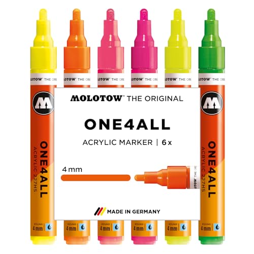 Molotow One4All 227HS Acryl Marker Neon Set (4,0 mm Strichstärke, hochdeckend und permanent, schnell trocknend, nachfüllbar, für fast alle Untergründe) 6 Stück sortiert von Molotow