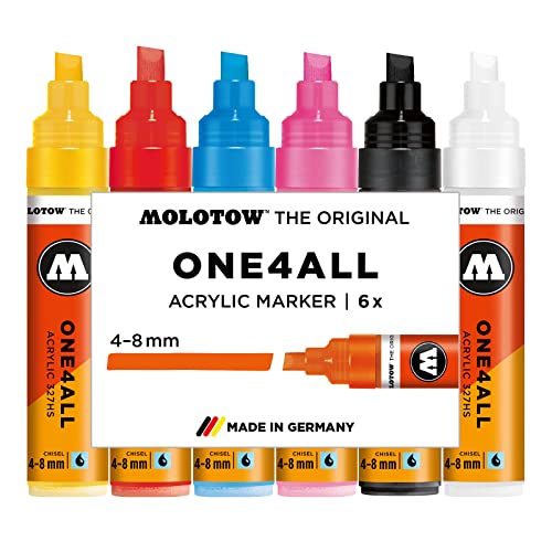 Molotow One4All 327HS Acryl Marker Basic-Set 1 (4,0-8,0 mm Strichstärke, Keilspitze, hochdeckend und permanent, UV-beständig, für fast alle Untergründe) 6 Stück sortiert von Molotow