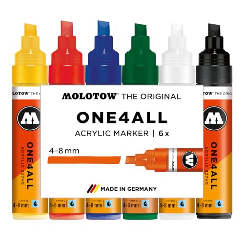 Molotow One4All 327HS Acryl Marker Basic Set 1 (4,0-8,0 mm Strichstärke, hochdeckend und permanent, schnell trocknend, nachfüllbar, für fast alle Untergründe) 6 Stück sortiert von Molotow