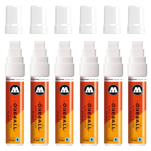 Molotow One4All 627HS Acryl Marker Glossy (15,0 mm Strichstärke, hochglanz, hochdeckend und permanent, schnell trocknend, nachfüllbar, für fast alle Untergründe) 6 Stück Farbe 251 glossy white von Molotow