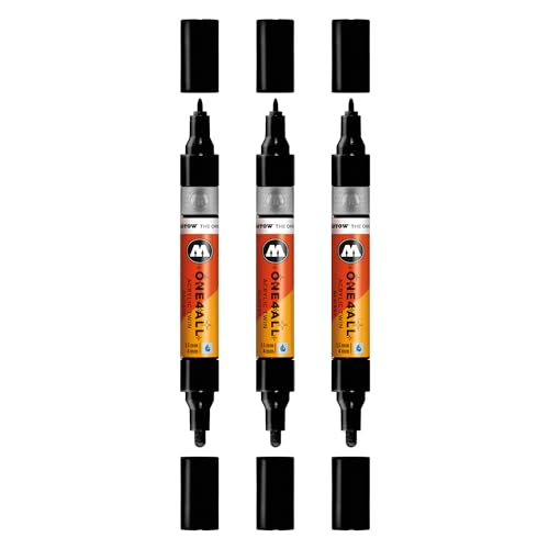 Molotow One4All Acrylic Twin Marker (1,5 und 4,0 mm Strichstärke, hochdeckend und permanent, schnell trocknend, nachfüllbar, für fast alle Untergründe) 3 Stück Farbe 252 glossy black von Molotow