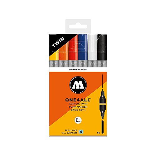 Molotow One4All Acrylic Twin Marker Basic-Set 1 (Strichstärke 1,5 mm und 4,0 mm, hochdeckend und permanent, UV-beständig, für fast alle Untergründe) 6 Stück sortiert von Molotow