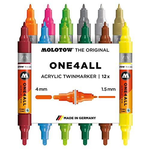 Molotow One4All Acrylic Twin Marker Main Kit 2 (Strichstärke 1,5 mm und 4,0 mm, hochdeckend und permanent, UV-beständig, für fast alle Untergründe) 12 Stück sortiert von Molotow