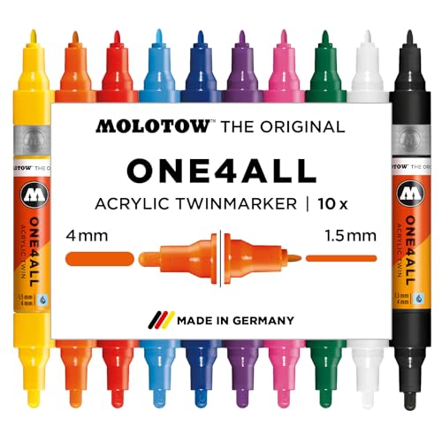 Molotow One4All Acrylic Twin Marker Basic Set 1 (1,5 und 4,0 mm Strichstärke, hochdeckend und permanent, schnell trocknend, nachfüllbar, für fast alle Untergründe) 10 Stück sortiert von Molotow