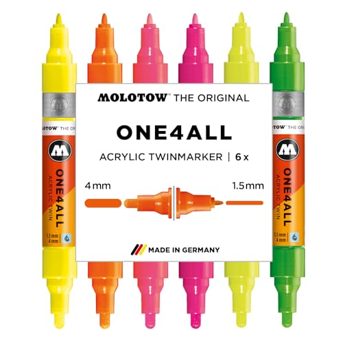 Molotow One4All Acrylic Twin Marker Neon Set (1,5 und 4,0 mm Strichstärke, hochdeckend und permanent, schnell trocknend, nachfüllbar, für fast alle Untergründe) 6 Stück sortiert von Molotow