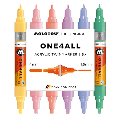 Molotow One4All Acrylic Twin Marker Pastel Classic Set (1,5 und 4,0 mm Strichstärke, hochdeckend und permanent, schnell trocknend, nachfüllbar, für fast alle Untergründe) 6 Stück sortiert von Molotow