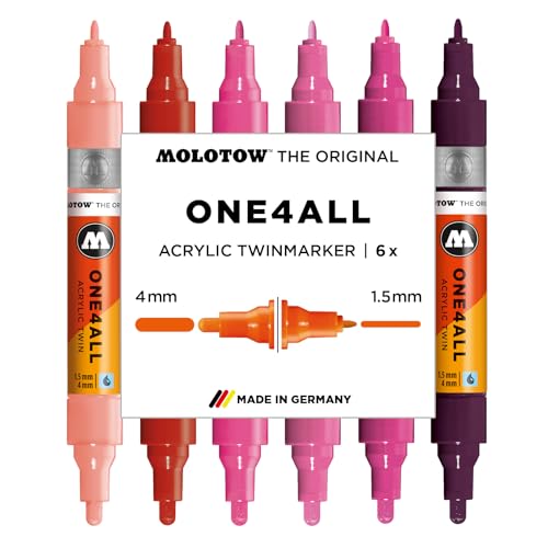 Molotow One4All Acrylic Twin Marker Pink Set (1,5 und 4,0 mm Strichstärke, hochdeckend und permanent, schnell trocknend, nachfüllbar, für fast alle Untergründe) 6 Stück sortiert von Molotow