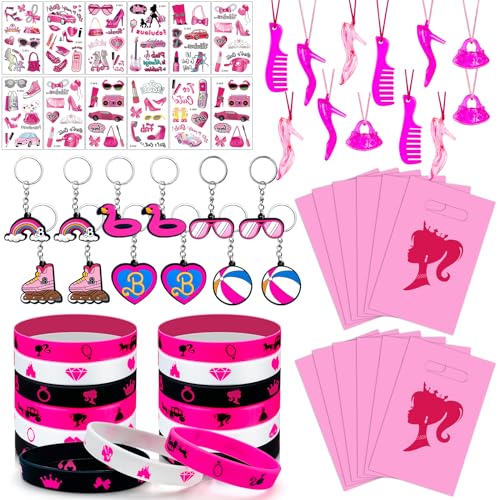 Moltby Barbiprinzessin Mädchen Party Mitgebsel – 12 Mädchen Silikonarmbänder, 12 Schlüsselanhänger, 12 Geschenktüten, 12 Temporäre Tattoos von Moltby