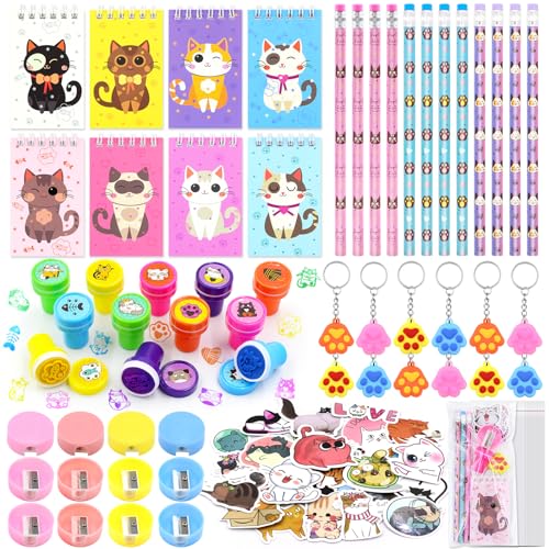 Moltby Katzen Party Geschenke für Kinder - 110pcs Katze Tier Mini Notizblock, Stifte, Katze Aufkleber Stamper Keychain, Geburtstag party Mitgebsel Klassenzimmer Belohnungspreise, Geschenke für Mädchen von Moltby