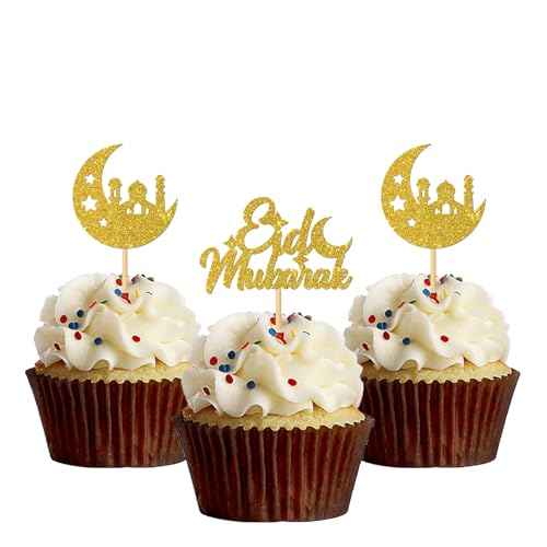 Eid Mubarak Cupcake-Topper/Mondstern/Ramadan-Kareem-Cupcake-Topper/Happy Eid-Party-Cupcake-Dekorationen – islamisch-muslimische Party-Dekoration, goldener Glitzer, 24 Stück von MonMon & Craft