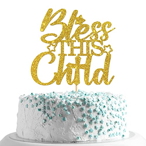 MonMon & Craft Bless This Child Cake Topper / God Bless Cake Topper / Mi Bautizo / Christening Cake Topper / Taufe Geburtstag Party Dekorationen Supplies - Gold Glitter von MonMon & Craft