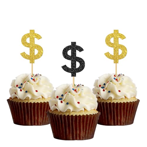 MonMon & Craft Dollar Cupcake Topper / Geldschein Schild Geburtstag Cupcake Topper / Casino Night Poker Thema Party Geburtstag Party Cupcake Dekorationen / Schwarz Gold Glitzer - 24 Stück von MonMon & Craft