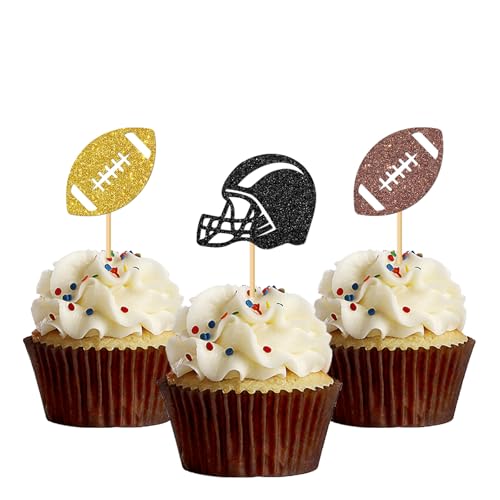 MonMon & Craft Fußball-Cupcake-Topper / Sportthema Rugby Cupcake Dekor / Gender Reveal / Babyparty Party Cupcake Dekorationen / American Football Enthusiast Cupcake Topper – 24 Stück Glitzer von MonMon & Craft