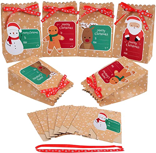 MonQi 24 Stück Geschenktüten Kraftpapier Süßigkeiten Papiertüten mit 24 Weihnachtsanhänger und 24 Weihnachtsbänder, Bonbontüten aus Kraftpapier für Weihnachts Geschenk(12 x 7 x 18.5cm) (24pcs) von MonQi