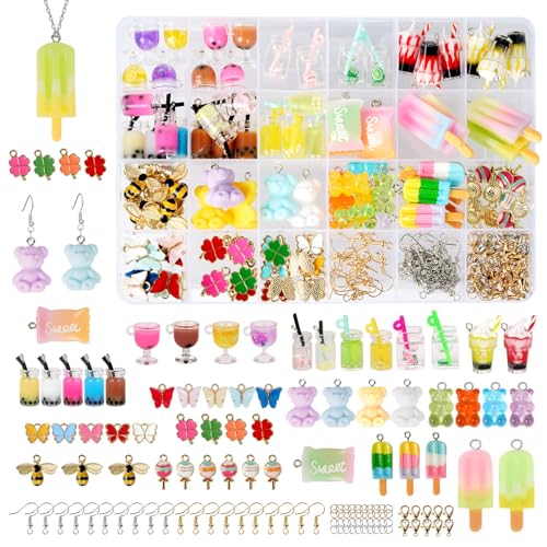 107 Stück Ohrringe Selber Machen Set, Schmuck Selber Bubble Tea Anhänger Candy Bär Schmetterling Kleeblatt Charms Perlen für Auffädeln Armband Halsketten Ohrringe Schmuck Schlüsselanhänger von Monemey